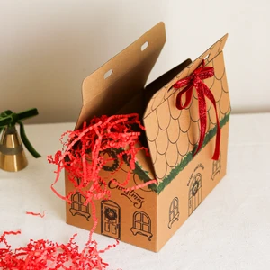 Beige & Stone Yılbaşı Ev Şeklinde Kutu Hediye Paketi Ambalajı