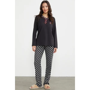 Kareli Çift Renk Pijama Takım - Siyah