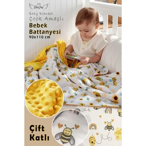 Bebek Battaniyesi Arı Desenli 90X100 cm %100 Pamuklu Çift Katlı Tomurcuk ve Pazen Kumaş Bebek Örtüsü