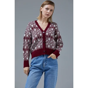 Çift Renk Düğmeli Kalın Triko Hırka - Bordo