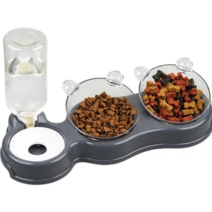 Çift Hazneli- 3' Lü Beslenme Mama ve Su Kabı Gri 500ML 36*21*16 cm