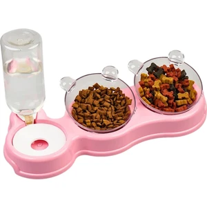 Çift Hazneli- 3' Lü Beslenme Mama ve Su Kabı Pembe 500ml  36*21*16 cm