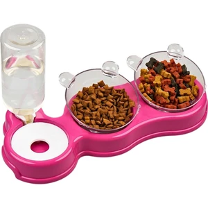 Çift Hazneli- 3' Lü Beslenme Mama ve Su Kabı Fuşya 500ml 36*21*16 cm