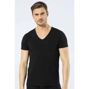 Erkek Derin V Yaka Likralı T-shirt Siyah