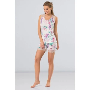 3266 Çiçekli Şort Takım Pijama Takımı - Yeşil