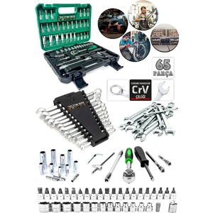 Germany Cr-V 65 Parça 53 Lokma Takımı Otomatik Cırcırlı 1/4" 12 Parça Kombine Açık Ağız-Yıldız Anahtar Takım