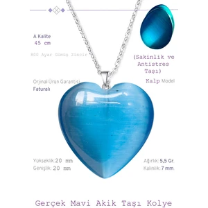Tesbih Atölyesi Sertifikalı Kalp Model Koyu Mavi Akik Taşı Kolye (Gümüş Aparatlı)