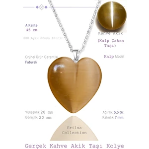 Tesbih Atölyesi Sertifikalı Kalp Model Kahverengi Akik Taşı Kolye (Gümüş Aparatlı)
