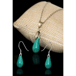 Tesbih Atölyesi Sertifikalı Damla Kesim Firuze Taşı Kolye ve Küpe Doğal Taş Seti