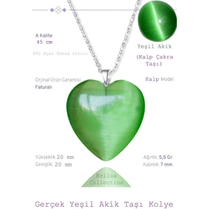 Tesbih Atölyesi Sertifikalı Kalp Model Yeşil Akik Taşı Kolye (Gümüş Aparatlı)