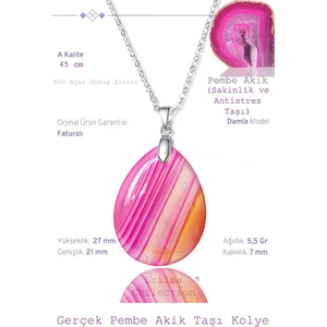 Tesbih Atölyesi Sertifikalı Damla Model Pembe Akik Taşı Kolye (Gümüş Aparatlı)