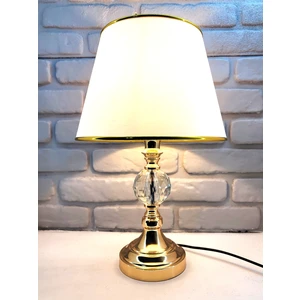 Gold Kaplama Büyük Kristal Taşlı Metal Ayak Beyaz Gold Şeritli Kumaş Şapkalı Abajur Aydınlatma