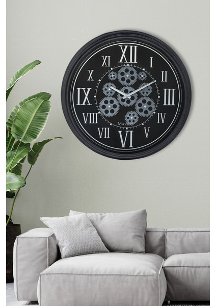 Muyika Perfetto Attivo Hareketli Çarklı 55x55cm Sessiz Mekanizmalı Siyah Duvar Saati Mds-P