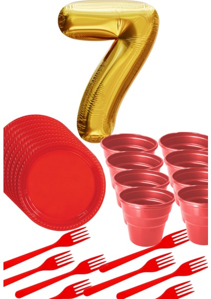 8 Tabak 8 Bardak 8 Çatal ( Kırmızı ) Rakam Folyo Balon 7 Yaş ( Gold Altın Sarısı )