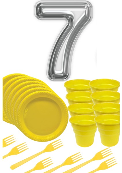 Sarı Tabak - Sarı Bardak - Sarı Çatal Gümüş Folyo Balon Rakam 7 Yaş
