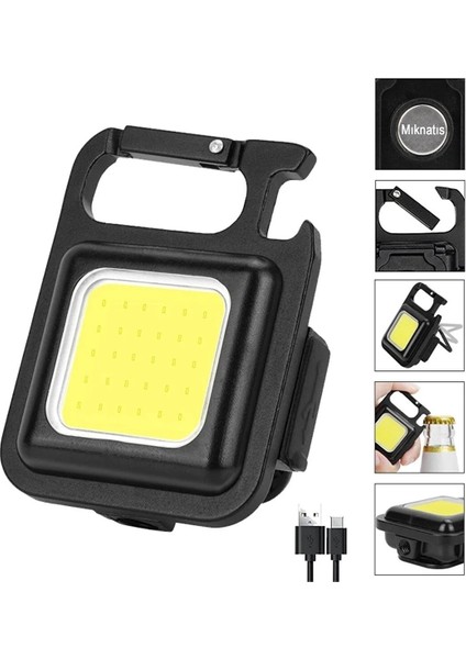 Mini LED El Feneri , Karabinalı, Mıknatıslı , Su Geçirmez , Şişe Açacaklı , Şarjlı 800MAH