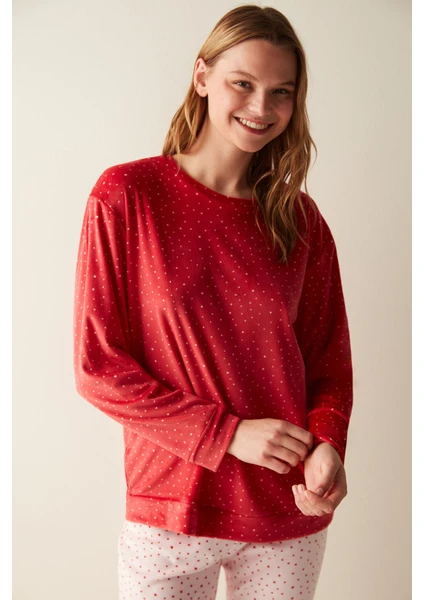 Yıldız Desenli Kırmızı Fuzzy Sweatshirt Pijama Üstü