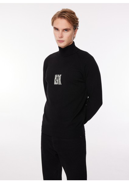 Balıkçı Yaka Normal Emprime Siyah Erkek Kazak 23IU1M0A0099013_MAGLIA Lupetto