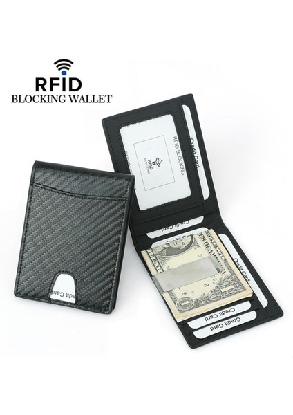 Yeni Rfıd Engelleme Ince Karbon Fiber Deri Cüzdan Bir Klip ile Erkek Kımlık Kartı Tutucu Ön Cep Bifold Erkek Metal Kelepçe Para Için (Yurt Dışından)