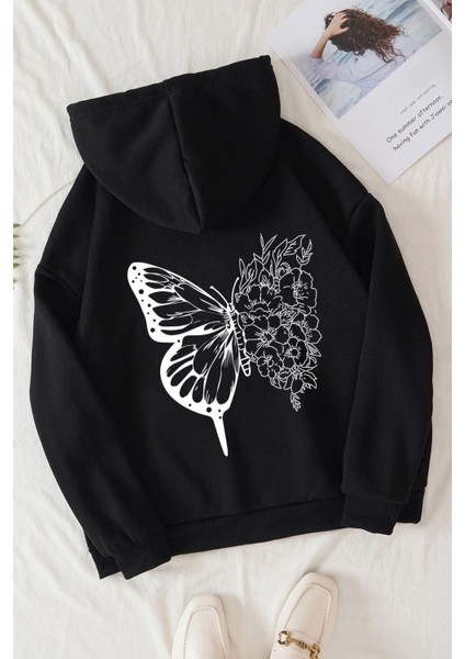 Siyah Flower Butterflies Baskılı Oversize Sweatshirt Hoodie