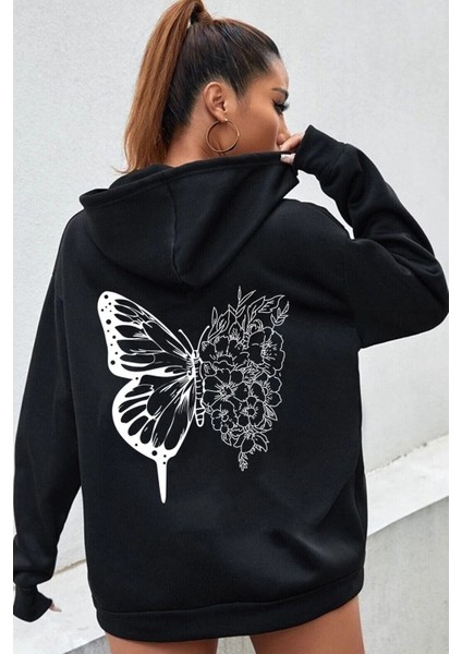 Siyah Flower Butterflies Baskılı Oversize Sweatshirt Hoodie fiyatları