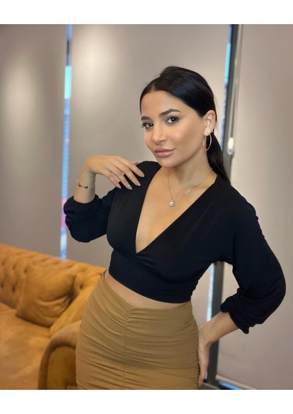Yüksek Bel Lastik Büzgü Lüx Krep Taba