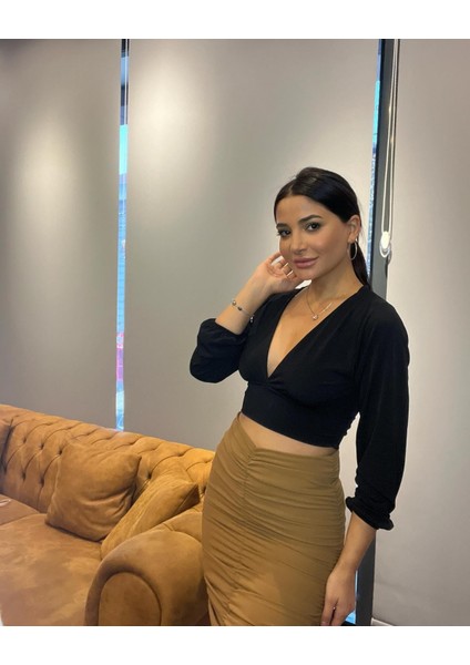 Yüksek Bel Lastik Büzgü Lüx Krep Taba