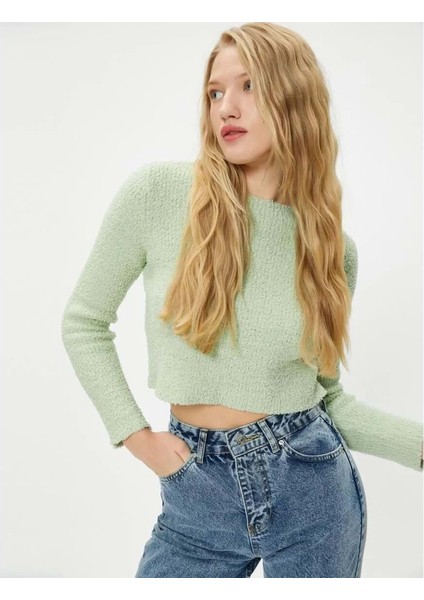 Basic Peluş Crop Kazak Uzun Kollu Yuvarlak Yaka - Koton - 4WAL90098HT - Yeşil - L