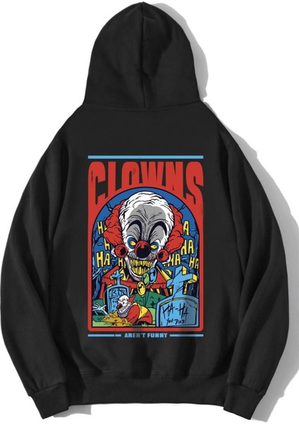 Siyah Clowns No Funny Baskılı Oversize Sweatshirt Hoodie