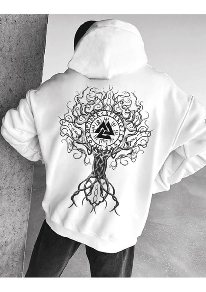 Beyaz Triangle Tree Basklı Oversize Kapüşonlu Sweatshirt