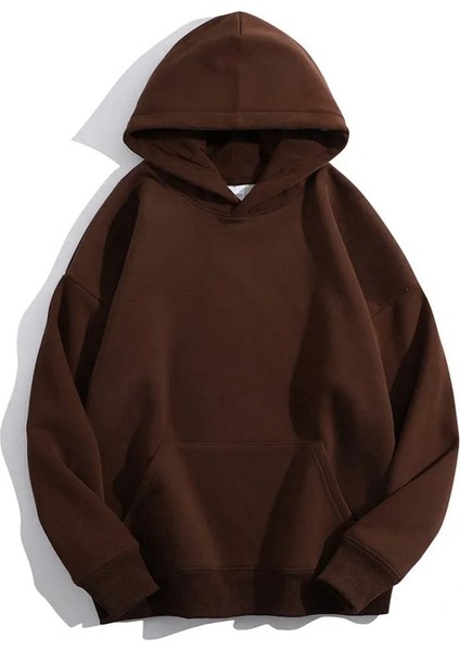 Kadın Kahverengi Düz Oversize Kapüşonlu Sweatshirt Hodie