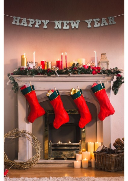 Gri Happy New Year Yazılı Banner, Özel Gün, Davet Organizasyonu ,yeni Yıl, Yılbaşı Sofrası, Simli Eva Banner