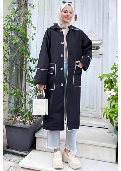 Düğmeli Siyah Tesettür Trençkot 9206