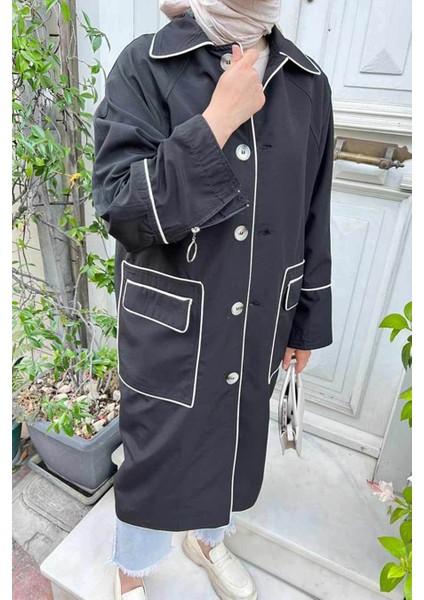 Düğmeli Siyah Tesettür Trençkot 9206 fiyatları