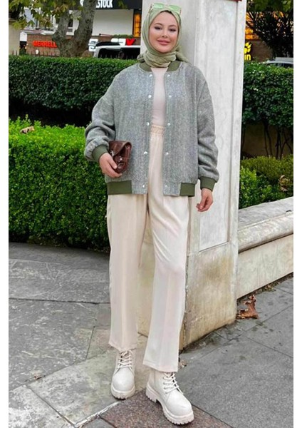 Düğmeli Haki Tesettür Bomber Ceket 9263HK