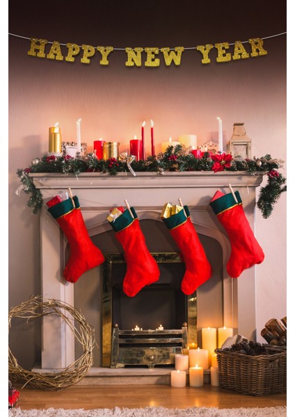 Gold Happy New Year Yazılı Banner, Özel Gün, Davet Organizasyonu ,yeni Yıl, Yılbaşı Sofrası, Simli Eva Banner