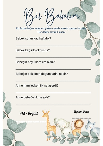 Baby Shower Oyun Kartları