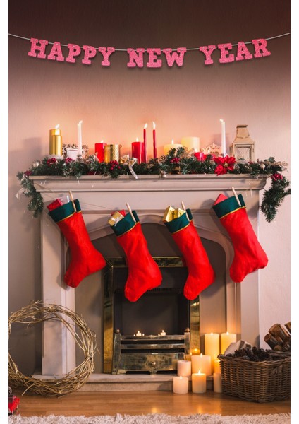 Pembe Happy New Year Yazılı Banner, Özel Gün, Davet Organizasyonu ,yeni Yıl, Yılbaşı Sofrası, Simli Eva Banner