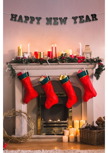 Siyah Happy New Year Yazılı Banner, Özel Gün, Davet Organizasyonu ,yeni Yıl, Yılbaşı Sofrası, Simli Eva Banner