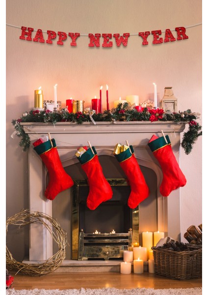 Kırmızı Happy New Year Yazılı Banner, Özel Gün, Davet Organizasyonu ,yeni Yıl, Yılbaşı Sofrası, Simli Eva Banner