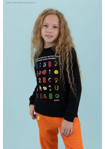 Baskılı Kız Çocuk Siyah Sweatshırt HRBTXT302 Haribo Çocuk Sweatshirt