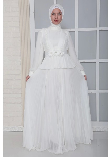 Omuz ve Kemer Detaylı Pliseli Tesettür Abiye Elbise 816-BEYAZ