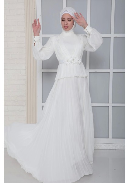 Omuz ve Kemer Detaylı Pliseli Tesettür Abiye Elbise 816-BEYAZ fiyatları