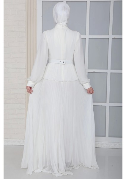 Omuz ve Kemer Detaylı Pliseli Tesettür Abiye Elbise 816-BEYAZ fırsatları