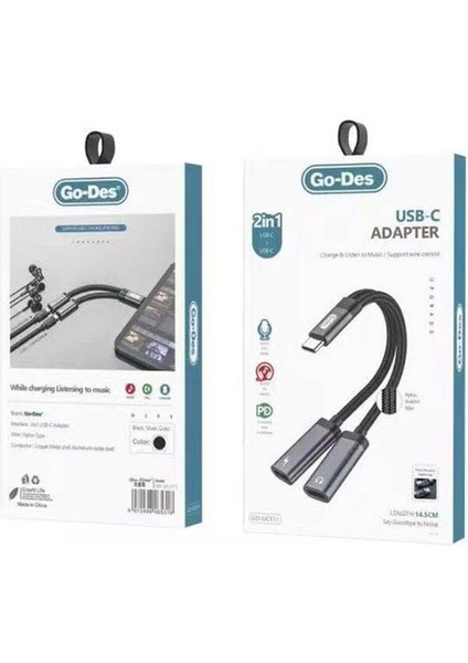 Type-C Şarj ve Ses Dönüştürücü Go Des GD-UC311 Type-C 2in1 Kablo Siyah