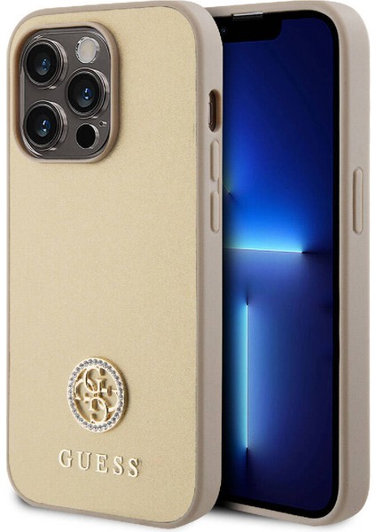 Apple iPhone 15 Pro Uyumlu Guess Lisanslı Deri 4g Metal Logo Strass Kılıf Gold