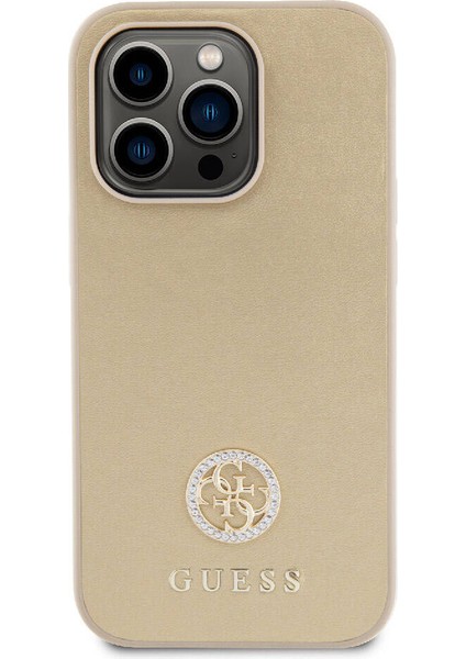 Apple iPhone 15 Pro Uyumlu Guess Lisanslı Deri 4g Metal Logo Strass Kılıf Gold