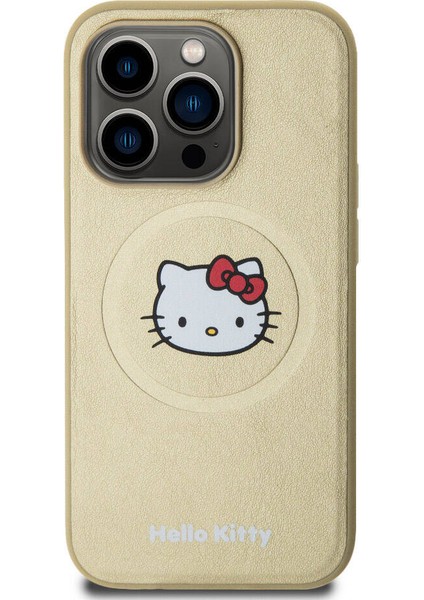 Apple iPhone 15 Pro Uyumlu Hello Kitty Lisanslı Magsafe Şarj Özellikli Kitty Head Deri Gold