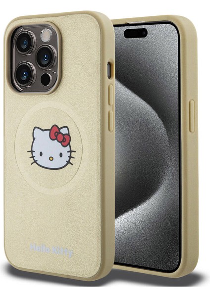 Apple iPhone 15 Pro Uyumlu Hello Kitty Lisanslı Magsafe Şarj Özellikli Kitty Head Deri Gold