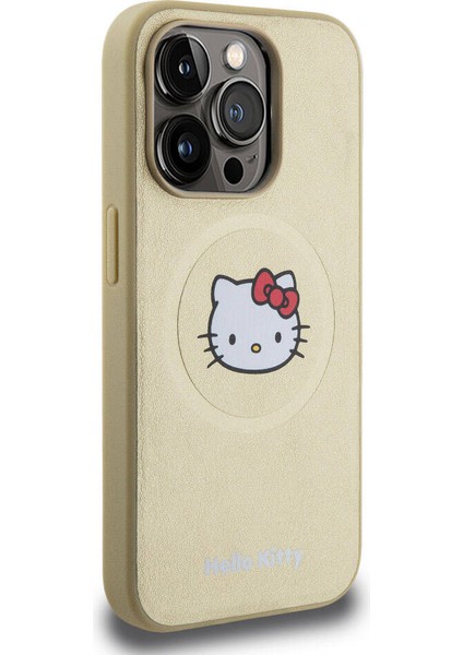 Apple iPhone 15 Pro Uyumlu Hello Kitty Lisanslı Magsafe Şarj Özellikli Kitty Head Deri Gold